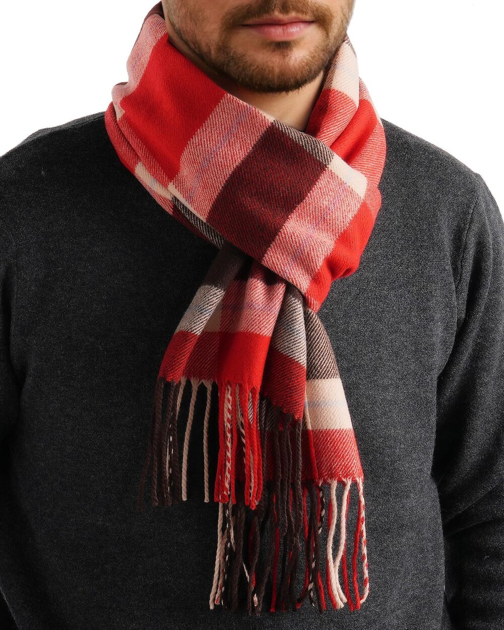 2802 Winter Scarf Long Soft Warm Scarves Plaid Tassel Scarf RedBlack